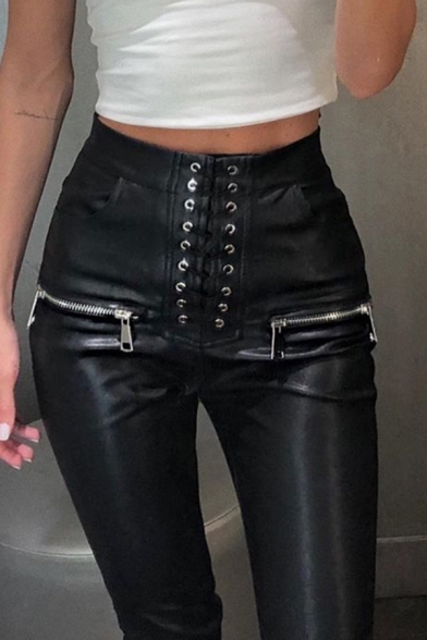 Edgy Looks Black High Rise Lace Up Zipper Detail Leather Long Skinny Pants for Women
