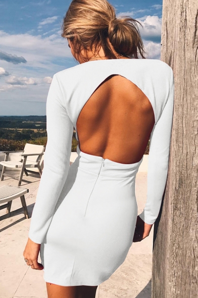 Edgy Womens Sexy Plain Deep V-Neck Long Sleeve Open Back Mini Party Dress