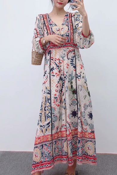 Fancy Ethnic Girls' Long Sleeve Deep V-Neck Floral Patterned Scalloped Pleated Maxi A-Line Dress in Apricot