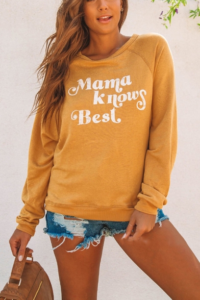 Fancy Letter MAMA KNOWS BEST Printed Yellow Long Sleeve Pullover Sweatshirt for Women