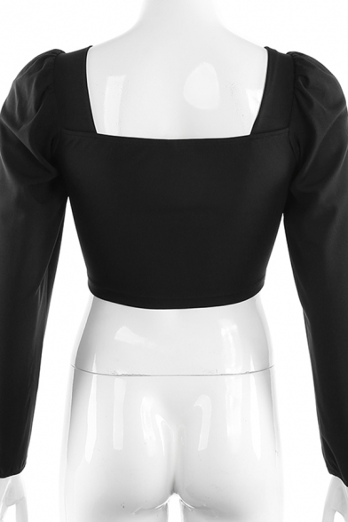 Fashion Girls' Long Sleeve V-Neck Structured Shoulder Twist Front Slim Fit Plain Crop Blouse