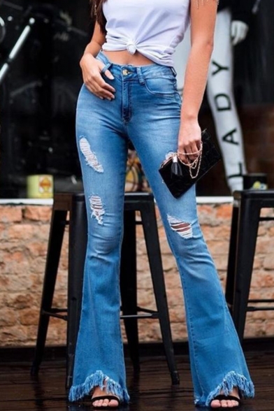 Fashion Ladies' Light Blue Mid Rise Distressed Bleach Frayed Cuffs Asymmetric Slim Fit Flared Jeans