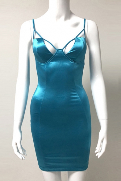Female Designer Hollow Out Spaghetti Straps Plain Mini Satin Bodycon Dress