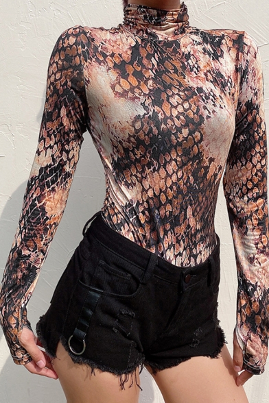 Female Edgy Looks Glove Sleeve High Neck Snake Printed Brown Slim Fit Bodysuit for Club