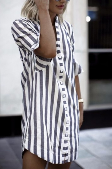 Female Street Casual Short Sleeve Band Collar Button Down Stripe Print Ruffled Trim Slit Front Short Sheath Shirt Dress in Blue