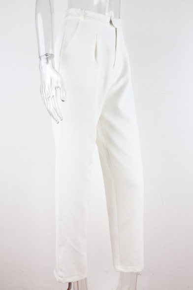 Formal White High Rise Full Length Relaxed Fit Straight Suiting Pants for Ladies