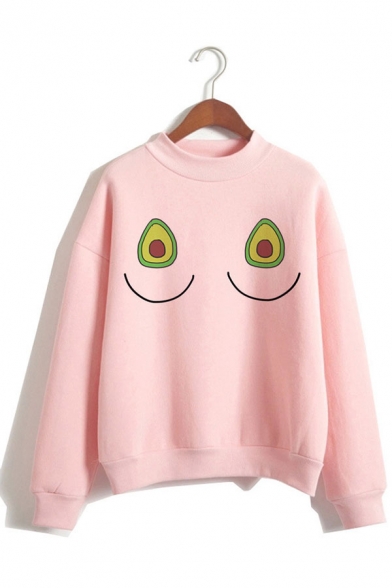 Funny Avocado Letter Pattern Long Sleeve Mock Neck Pink Leisure Sweatshirt