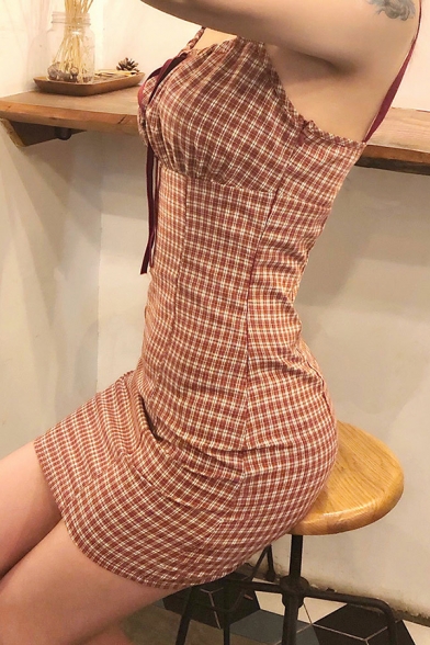Girls Popular Red Check Printed Tied Front Backless Leisure Mini A-Line Strap Dress