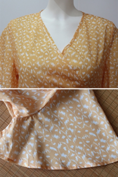Ladies' Glamorous Short Sleeve V-Neck Patterned High Split Side Bow-Tied Fitted Wrap Long Flowy Dress in Orange