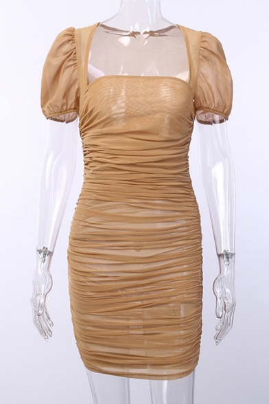 Ladies Summer Trendy Plain Brown Lantern Short Sleeve Square Neck Shirred Mesh Mini Bodycon Dress