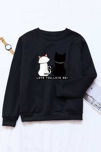LOVE YOU LOVE ME Letter Two Cats Printed Long Sleeve Casual Pullover Sweatshirt