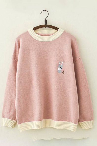 

Lovely Rabbit Embroidery Contrast Trim Long Sleeve Oversized Pullover Sweater, Burgundy;pink;khaki, LC576828