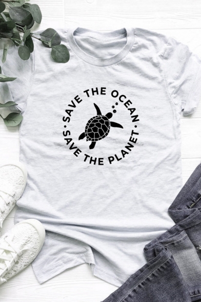 Lovely Turtle Pattern SAVE THE OCEAN SAVE THE PLANET Print Roll-Up Short Sleeve Tee