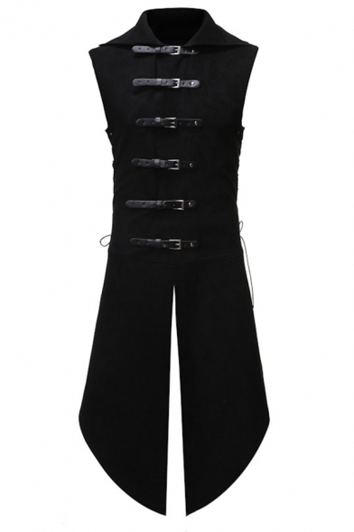 Medieval Popular Black Sleeveless PU Strap Buckle Swallowtail Blazer Vest Longline Waistcoat