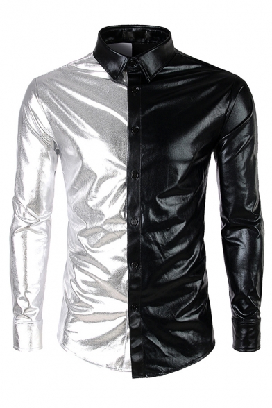 Men's Designer Two Tone Panel Shiny Metallic Long Sleeve Button Up Night Club Shirt