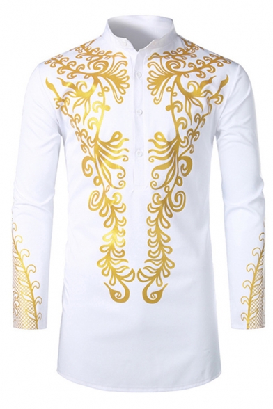 Mens African Style Gilding Dashiki Printed Button Front Long Sleeves Robe Shirt