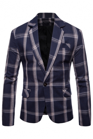 Mens Classic Checked Print Long Sleeve Notch Collar Slim Fitted Casual Blazer