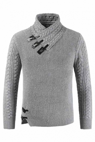 Mens Designer Leather Buckle Embellished Shawl Neck Cable Knitted Chunky Fitted Plain Sweater