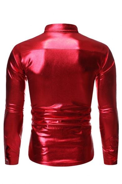 Mens Disco Popular Solid Color Metallic Sequin Panel Long Sleeve Slim Fit Button-Up Shirt
