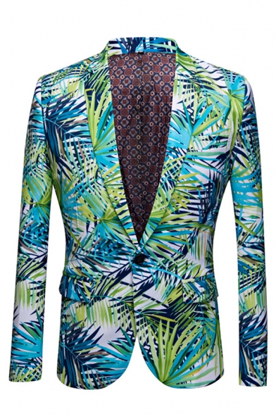 Mens Leisure Hawaii Style Leaf Pattern Single Button Blazer Coat and Pants Two Pieces Suit Set