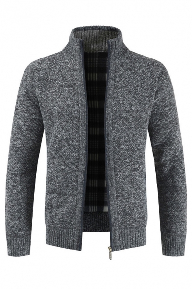 Mens Outdoor Fashion High Collar Long Sleeve Zip Placket Plain Casual Knitted Cardigan Coat