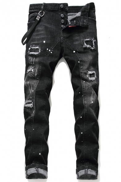 Mens Personality Black Ripped Broken Holes Button Fly Ribbon Embellished Jeans
