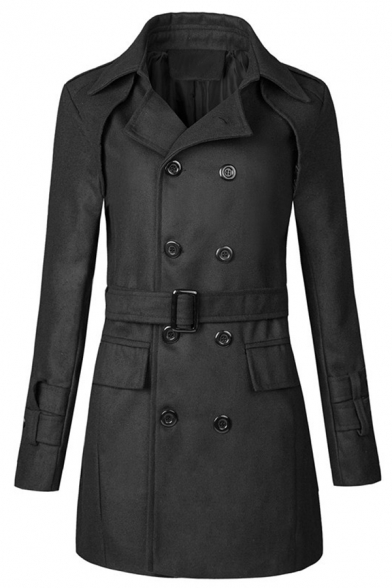 Mens Popular Solid Color Long Sleeve Notched Lapel Double Breasted Belted Longline Peacoat with Pocket