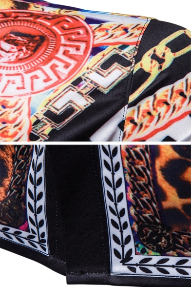 Mens Popular Tribal Leopard Chain Digital Print Turndown Collar Long Sleeve Fitted Shirt
