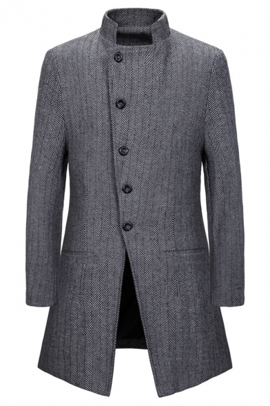 Mens Retro Herringbone Printed Plain Long Sleeve Single Breasted Tunic Woolen Overcoat with Pocket