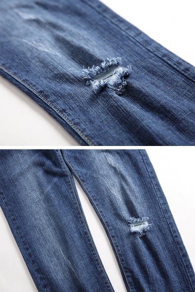 Mens Simple Streetwear Plain Zip Front Shredded Denim Pants