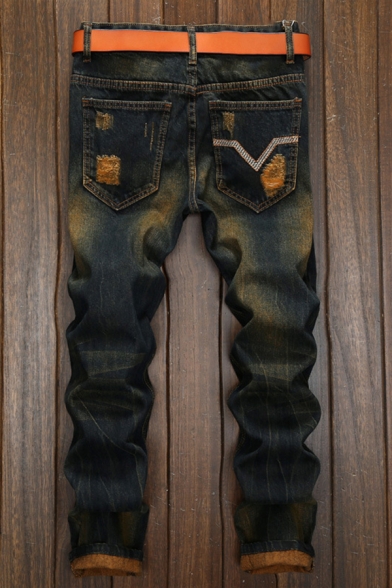 Mens Vintage Contrast Color Ripped Frayed Patchwork Slim Jeans Stretched Denim Pants