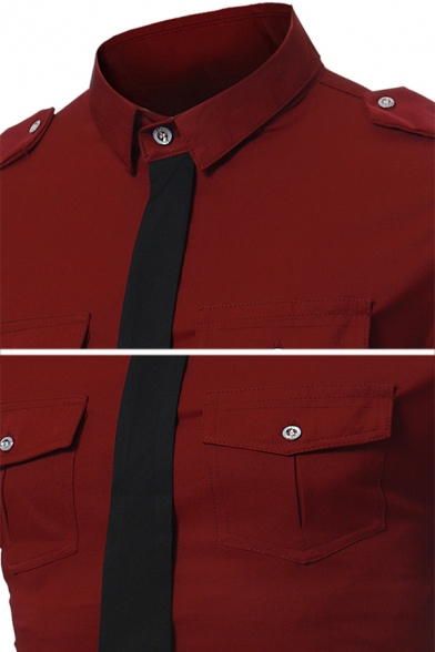 Personality False Tie Panel Turn-Down Collar Epaulets Decoration Long Sleeve Button Up Shirt