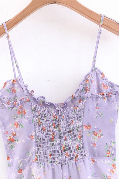 Purple Unique Floral Printed Lace Up Detail Ruched Zip Back Vintage Midi A-Line Cami Dress
