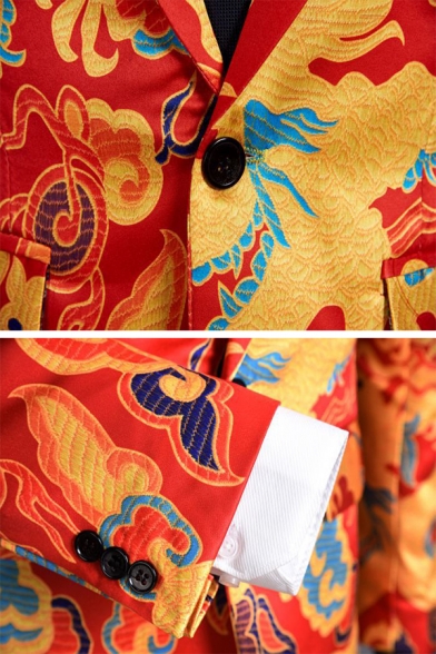 Red and Yellow Dragon Print Long Sleeve Single Button Casual Blazer and Pants Set
