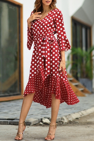 Red Glamorous Ladies Bell Sleeve V-Neck Bow-Tie Waist Ruffled Trim Polka Dot Print Patched Asymmetric Pleated Mid Flowy Dress