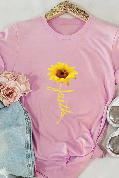 Street Style Creative Sunflower and Letter FAITH Short Sleeve T-Shirt for Women