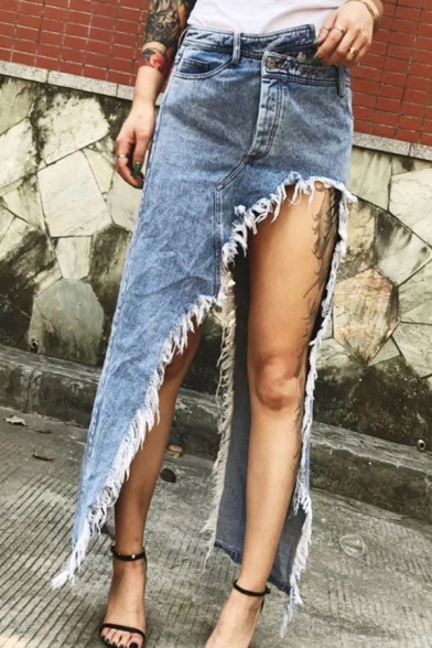 

Stylish Cool Girls' Mid-Rise High Slit Frayed Asymmetric Maxi Denim Skirt in Light Blue, LM575283