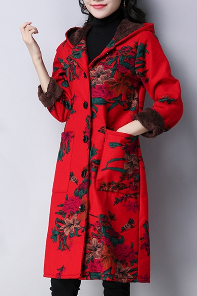 Stylish Floral Printed Long Sleeve Single Breasted Tribal Style Tunic Wool Coat