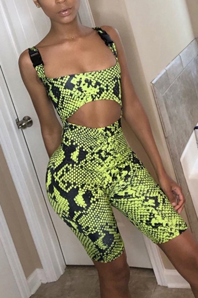 

Stylish Girls' Yellow Sleeveless Cut Out Buckle Detail Snake Printed Skinny Tank Rompers for Party, LM573543