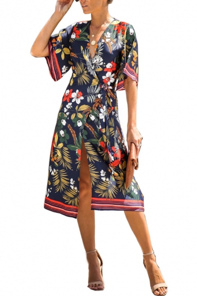 Summer Casual Short Sleeve Surplice Neck Floral Patterned Tied Slit Front Midi A-Line Dress for Ladies