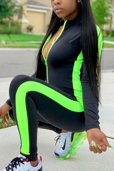 Unique Fashion Girls' Long Sleeve Deep V-Neck Zipper Front Contrasted Long Tight Stretchy Jumpsuit