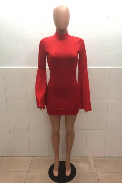 Unique Sexy Girls' Detached Sleeve High Neck Mini Prom Gown Tight Dress in Red