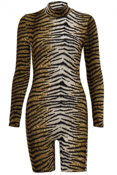 Unique Sexy Ladies' Long Sleeve Mock Neck Tiger Printed Stretchy Tight Rompers in Brown