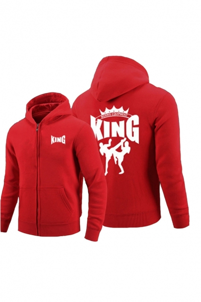 Unisex Chic Letter KING Figure Printed Long Sleeve Zip Closure Casual Graphic Hoodie