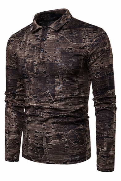 Vintage Abstract Print Long Sleeve Shredded Whole Colored Polo Shirt for Metrosexual Men