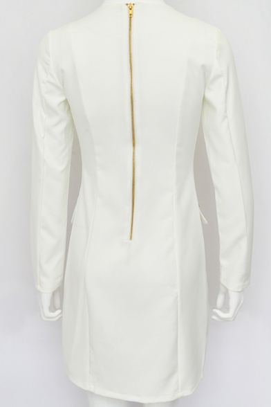 White Formal Elegant Ladies' Long Sleeve Deep V-Neck Lace Up Front Zip Back Pocket Mini Fitted Work Dress