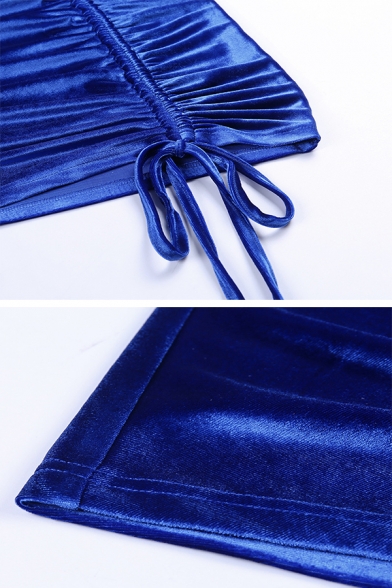 Winter Chic Solid Color Royal Blue High Collar Drawstring Ruched Hem Velvet Mini Bodycon Dress