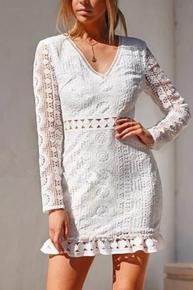 Women' Pretty White Long Sleeve V-Neck Hollow Back Floral Embroidered Sheer Lace Patched Ruffled Trim Short Tight A-Line Dress