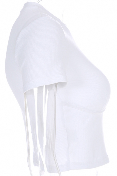 Women's Basic White Short Sleeve Crew Neck Knit Slim Fit Crop T-Shirt