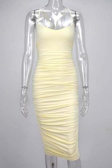 Women's Elegant Spaghetti Strap Ruched Detail Fitted Midi Evening Party Bandage Dress